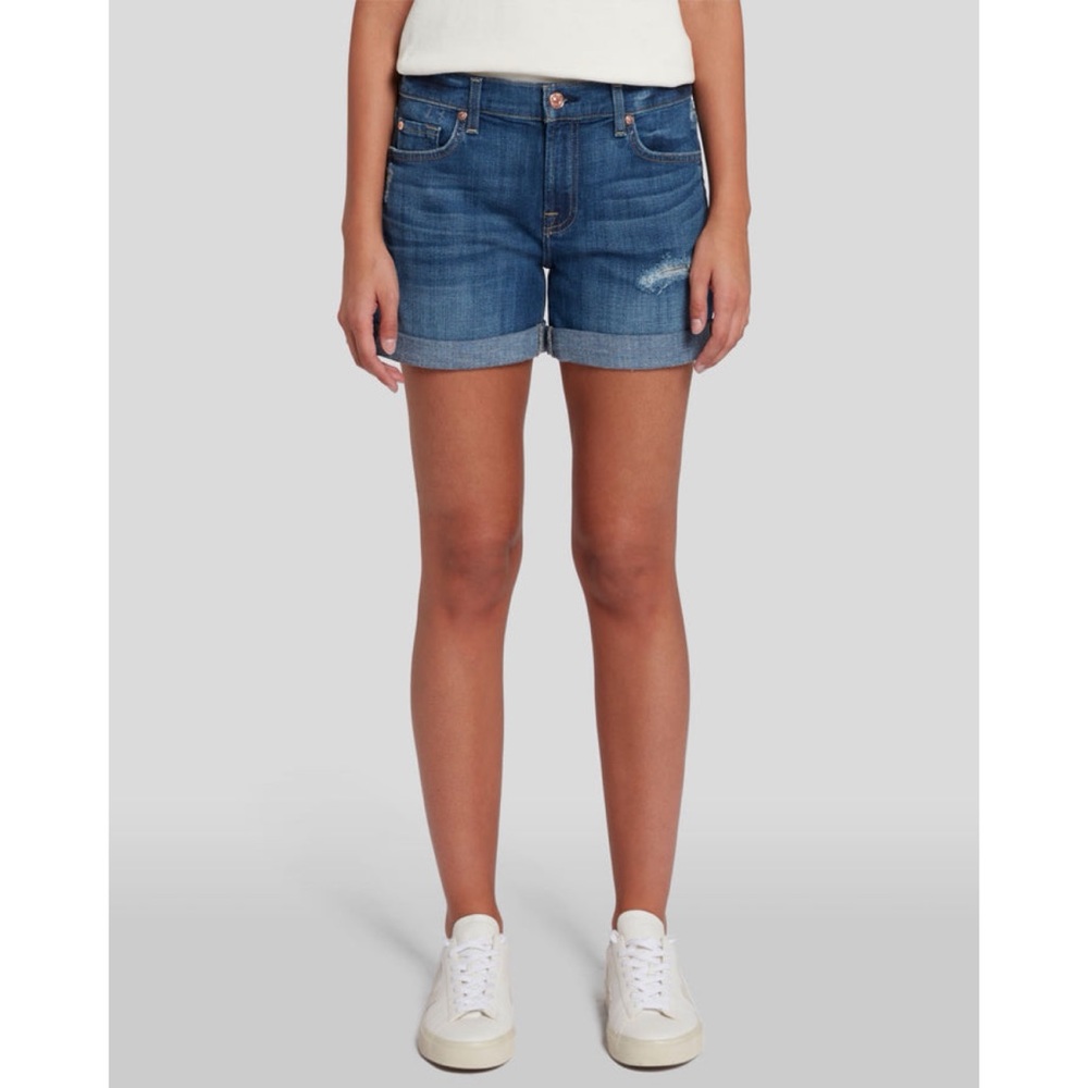 7 For All Mankind Blue Roll-Cuff Denim Shorts